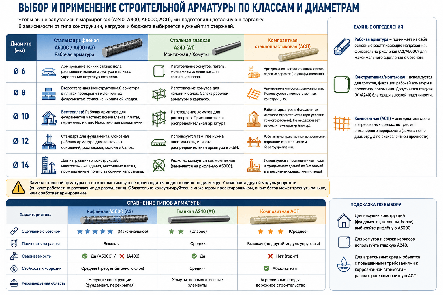 Арматура строительная - А500С, А240, композитная - рекомендации по выбору и применению