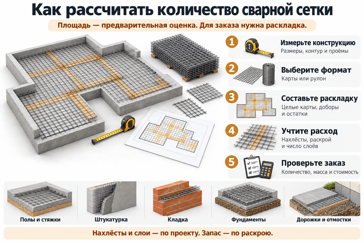 Как рассчитать количество сварной сетки для армирования: полов, стяжек, штукатурки, кладки и фундаментов